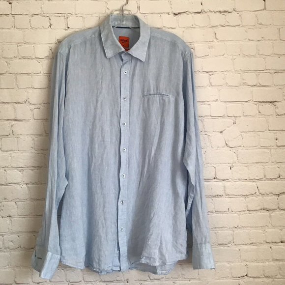 Xoos Mens Fitted Linen Shirt size Large Long Sleeve Button Front Light Blue - Picture 1 of 8
